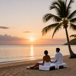 Caribbean Holidays, Grenada Spa Breaks, A couple relaxing beside a quiet Grenada beach at sunset after a spa day, with palm silhouettes and calm Caribbean water