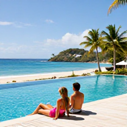 Caribbean Holidays, Grenada Spa Breaks, A couple relaxing beside an infinity pool overlooking a tropical Grenadian coastline in bright January sunshine