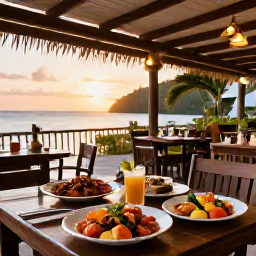 Caribbean Holidays, Grenada Spa Breaks, A friendly Grenadian restaurant serving fresh seafood, tropical fruit and local dishes in a relaxed open-air setting at sunset