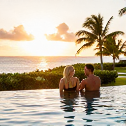 Caribbean Holidays, Grenada Spa Breaks, A happy couple relaxing beside an infinity pool at a Grenada spa hotel, with tropical gardens and a golden Caribbean sunset