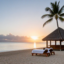 Caribbean Holidays, Grenada Spa Breaks, A peaceful beachfront spa in Grenada at sunrise, with treatment rooms, palm trees and calm Caribbean Sea