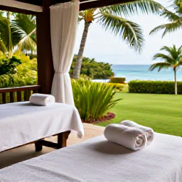 Caribbean Holidays, Grenada Spa Breaks, A peaceful Grenadian spa overlooking a tropical garden, with treatment beds, fresh towels and soft natural light