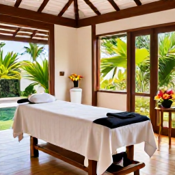 Caribbean Holidays, Grenada Spa Breaks, A peaceful spa treatment room in Grenada with natural light, wooden details, fresh flowers and a view of tropical greenery