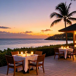 Caribbean Holidays, Grenada Spa Breaks, A relaxed evening in Grenada with a sunset over the sea, outdoor dining and softly lit resort surroundings