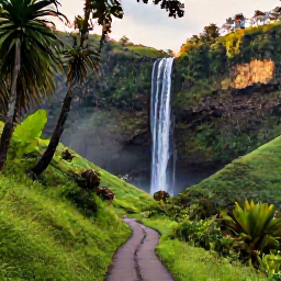 Caribbean Holidays, Grenada Spa Breaks, A scenic Grenada landscape showing a rainforest waterfall, green hills and a gentle walking trail in warm daylight