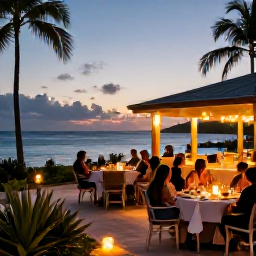 Caribbean Holidays, Grenada Spa Breaks, A sunset dinner terrace overlooking the Caribbean Sea in Grenada, with tropical plants, candles and relaxed diners