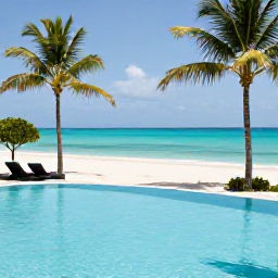 Caribbean Holidays, Grenada Spa Breaks, A tranquil Grenada resort pool overlooking a quiet sandy beach, with palm trees, sun loungers and turquoise sea