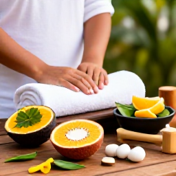 Caribbean Holidays, Grenada Spa Breaks, A welcoming Grenadian spa treatment using local botanical ingredients, with tropical fruit and greenery on a wooden table