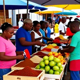 Caribbean Holidays, Grenada Spa Breaks, Colourful Grenada market with spices, tropical fruit, friendly local vendors and relaxed visitors exploring in daylight