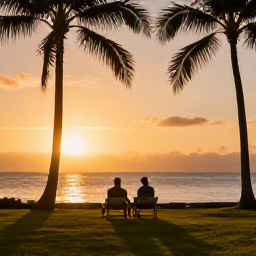 Caribbean Holidays, Grenada Spa Breaks, Couple enjoying a peaceful sunset at a Grenada resort with palm trees, warm evening light and the Caribbean horizon