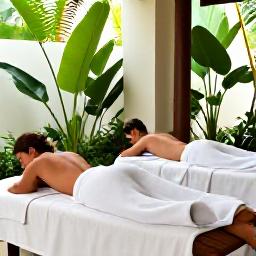 Caribbean Holidays, Grenada Spa Breaks, Couple enjoying a relaxing spa treatment at a stylish Grenada resort, surrounded by tropical plants and soft natural light