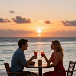Caribbean Holidays, Grenada Spa Breaks, Couple enjoying a sunset drink at a beachfront restaurant in Grenada, with warm sky and calm sea