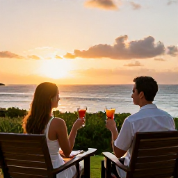 Caribbean Holidays, Grenada Spa Breaks, Couple enjoying a sunset drink at a relaxed Grenada resort overlooking the Caribbean Sea