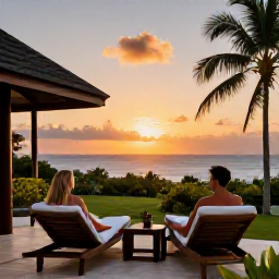Caribbean Holidays, Grenada Spa Breaks, Elegant Grenada resort at sunset with a couple relaxing on a terrace, tropical gardens and a glowing Caribbean horizon