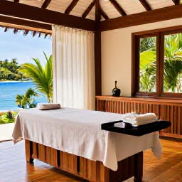Caribbean Holidays, Grenada Spa Breaks, Elegant Grenada resort spa with a massage room, natural wood furnishings, soft towels and tropical views