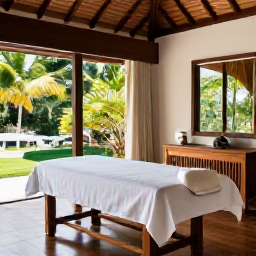 Caribbean Holidays, Grenada Spa Breaks, Elegant Grenada resort spa with treatment room, natural wood furnishings, soft towels and views of tropical foliage