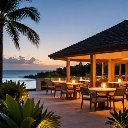 Caribbean Holidays, Grenada Spa Breaks, Elegant Grenada spa hotel at sunset with an outdoor dining terrace, tropical foliage and softly lit tables