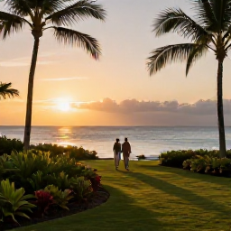 Caribbean Holidays, Grenada Spa Breaks, Elegant Grenada spa resort at sunset, with a couple walking beside a tropical garden and the Caribbean Sea