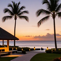 Caribbean Holidays, Grenada Spa Breaks, Elegant Grenadian resort at sunset, palm trees, warm lights and a calm tropical sea creating an inviting spa holiday scene