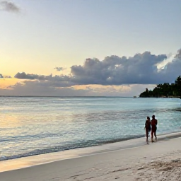 Caribbean Holidays, Grenada Spa Breaks, Grand Anse Beach in Grenada at sunset, calm turquoise water, soft sand and a couple walking near the shoreline