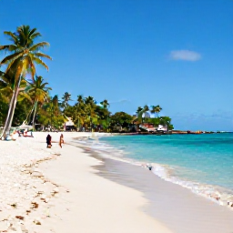 Caribbean Holidays, Grenada Spa Breaks, Grand Anse Beach in Grenada on a sunny April day, with turquoise water, soft sand, palm trees and a few relaxed visitors