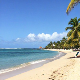Caribbean Holidays, Grenada Spa Breaks, Grand Anse Beach in Grenada on a sunny February day, with calm turquoise water, soft sand, palm trees and a few sun loungers