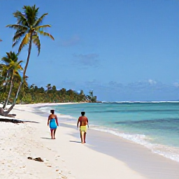 Caribbean Holidays, Grenada Spa Breaks, Grand Anse Beach in Grenada on a sunny February day, with soft white sand, clear water, palm trees and a relaxed couple walking beside the sea
