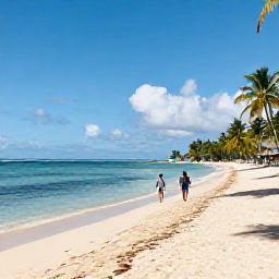 Caribbean Holidays, Grenada Spa Breaks, Grand Anse Beach in Grenada with calm turquoise water, soft sand, palm trees and a couple walking along the shore