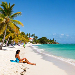 Caribbean Holidays, Grenada Spa Breaks, Grand Anse Beach in Grenada with soft sand, turquoise water, palm trees and a visitor relaxing near the shoreline