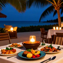Caribbean Holidays, Grenada Spa Breaks, Grenada December evening with outdoor dining, colourful local dishes, soft lantern light and a relaxed Caribbean atmosphere