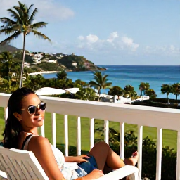 Caribbean Holidays, Grenada Spa Breaks, Happy traveller relaxing on a Grenada resort balcony overlooking tropical gardens and the Caribbean Sea in December