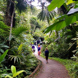 Caribbean Holidays, Grenada Spa Breaks, Lush Grenada rainforest trail with tropical foliage, a small waterfall and visitors enjoying a peaceful nature walk