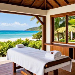 Caribbean Holidays, Grenada Spa Breaks, Luxury spa treatment room in Grenada with natural wood, soft towels, tropical greenery and views towards the Caribbean Sea