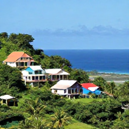 Caribbean Holidays, Grenada Spa Breaks, Peaceful Grenada hillside landscape with tropical forest, colourful homes and a distant blue Caribbean sea