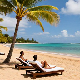 Caribbean Holidays, Grenada Spa Breaks, Quiet palm-fringed beach in Grenada with a couple relaxing on sun loungers, turquoise water and soft golden sand