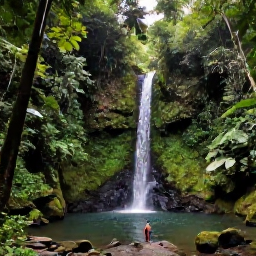 Caribbean Holidays, Grenada Spa Breaks, Scenic Grenada landscape with tropical rainforest, a small waterfall and visitors enjoying a peaceful nature walk
