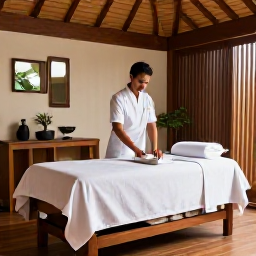 Caribbean Holidays, Grenada Spa Breaks, Spa therapist preparing a relaxing treatment in a stylish Grenada wellness hotel, with natural wood and tropical details