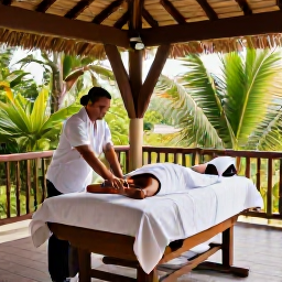 Caribbean Holidays, Grenada Spa Breaks, Spa therapists providing a relaxing massage in a stylish open-air treatment pavilion surrounded by tropical greenery in Grenada