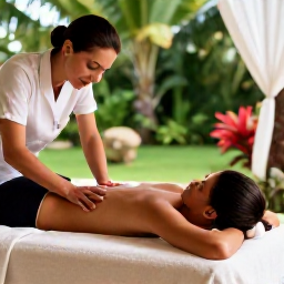 Caribbean Holidays, Grenada Spa Breaks, Woman enjoying a massage beside a tropical garden in Grenada, soft towels, flowering plants and peaceful resort surroundings