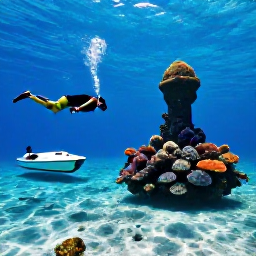 Caribbean Holidays, Grenada Tours, A small boat visiting clear Caribbean water near Grenada, with snorkellers above colourful coral and the underwater sculpture park nearby