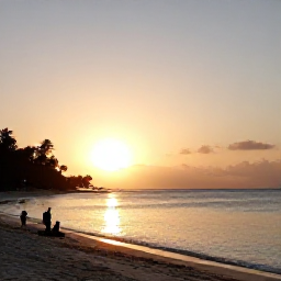 Caribbean Holidays, Grenada Tours, Relaxed sunset at Grand Anse Beach in Grenada with soft golden light, calm water and visitors enjoying the shore