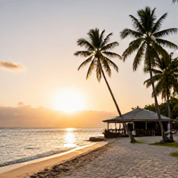 Caribbean Holidays, Grenada Tours, Visitors relaxing beside a peaceful Grenada beach at sunset, with palm trees, calm water and a small local restaurant nearby