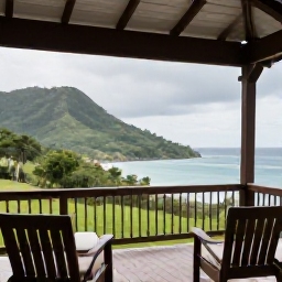Caribbean Holidays, Grenada Walking Holidays, A comfortable Grenada guesthouse terrace overlooking green hills and the Caribbean Sea after a light tropical shower
