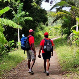 Caribbean Holidays, Grenada Walking Holidays, A friendly Grenadian guide meeting walkers beside a tropical trail, with backpacks, water bottles and welcoming island scenery