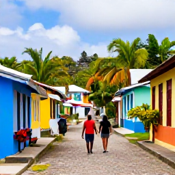 Caribbean Holidays, Grenada Walking Holidays, A friendly Grenadian village street with colourful homes, tropical plants and walkers discovering local life