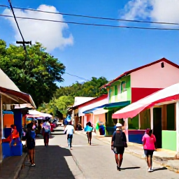 Caribbean Holidays, Grenada Walking Holidays, A friendly Grenadian village street with colourful houses, local market stalls and walkers discovering island life