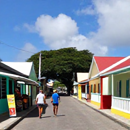 Caribbean Holidays, Grenada Walking Holidays, A friendly Grenadian village street with colourful houses, spice stalls and walkers exploring in July sunshine