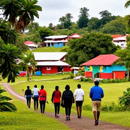 Caribbean Holidays, Grenada Walking Holidays, A friendly local guide leading a small group of walkers through a colourful Grenadian village and tropical countryside