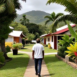Caribbean Holidays, Grenada Walking Holidays, A friendly local guide leading walkers along a Grenadian village trail with tropical gardens and distant hills