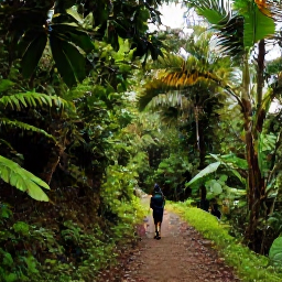 Caribbean Holidays, Grenada Walking Holidays, A green mountain trail through Grenada's rainforest in July, with hikers, tropical foliage and soft morning light